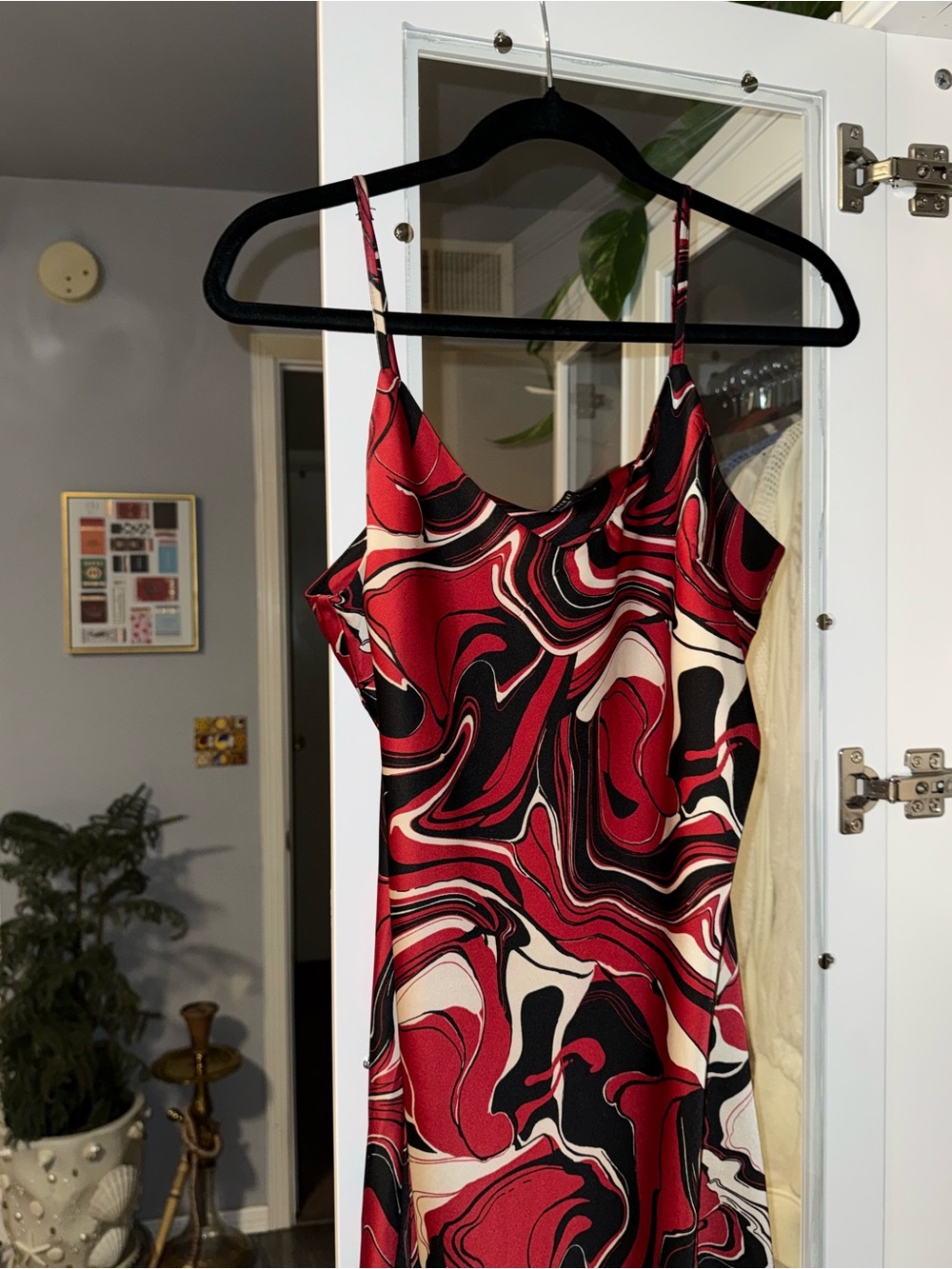 Red Swirl Slip Dress with Black & Cream Accents
